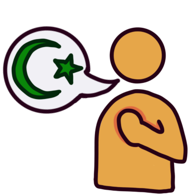 a yellow figure with a hand on their chest. they have a speech bubble with a green star and crescent in it.